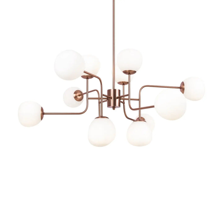 Suspension erich art déco avec cadre en métal rose doré et globes en verre soufflé dépoli multi globes