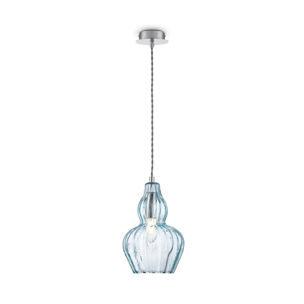 Suspension eustoma en verre soufflé bleu clair avec surface nervurée et finition chrome pour d’une table ou d’un îlot