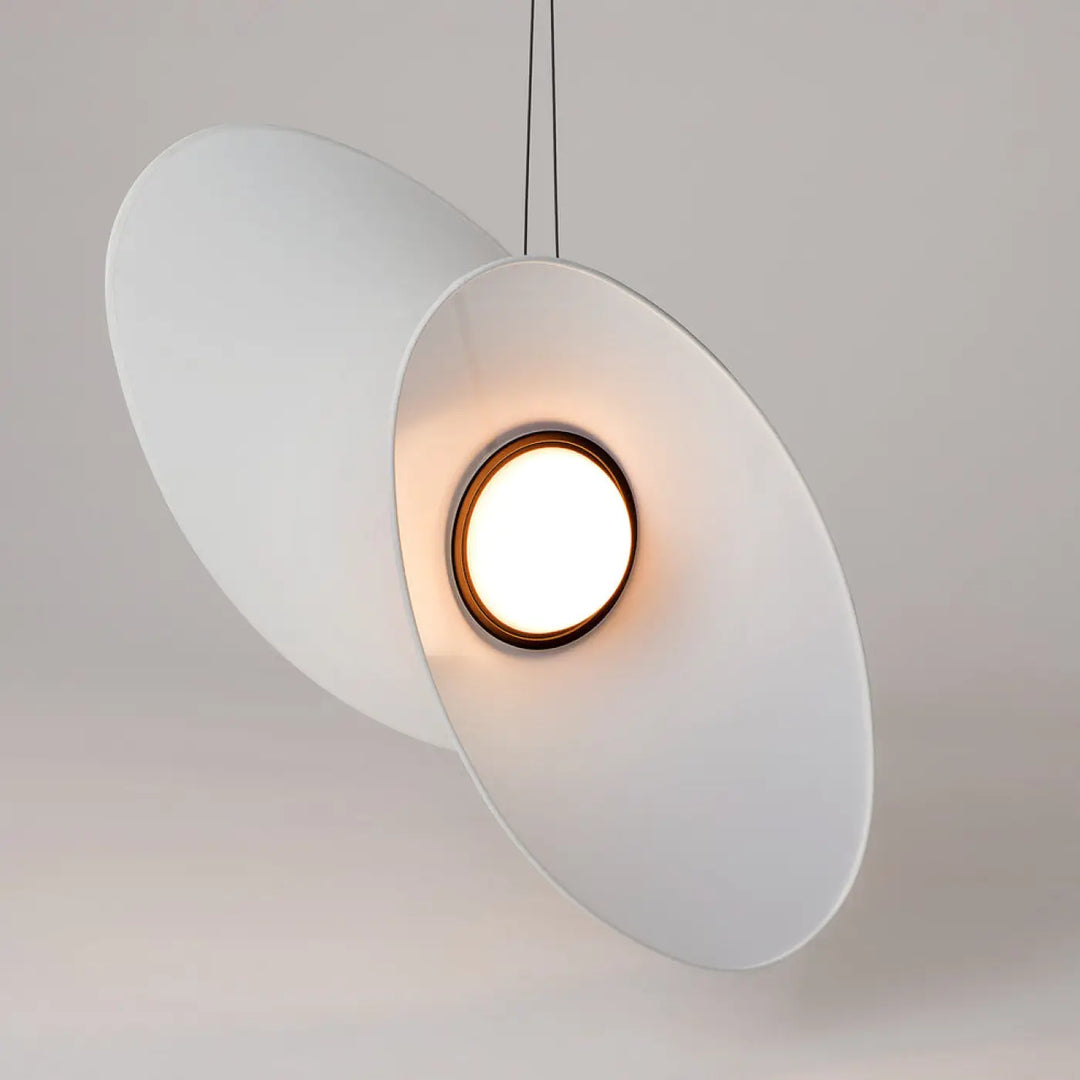Suspension evolution led luminaire blanc moderne avec deux abat-jour circulaires superposés et led intégrée chaude