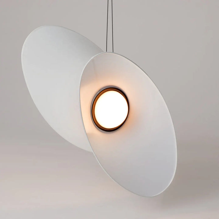 Suspension evolution led luminaire blanc moderne avec deux abat-jour circulaires superposés et led intégrée chaude