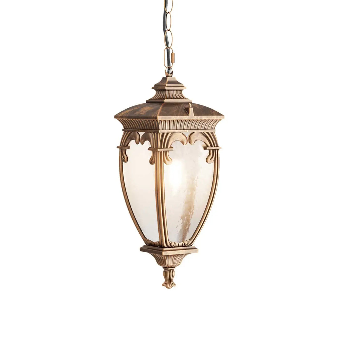Lanterne italienne suspension extérieure fleur en laiton ancien avec verre givré texturé et détails baroques ornés