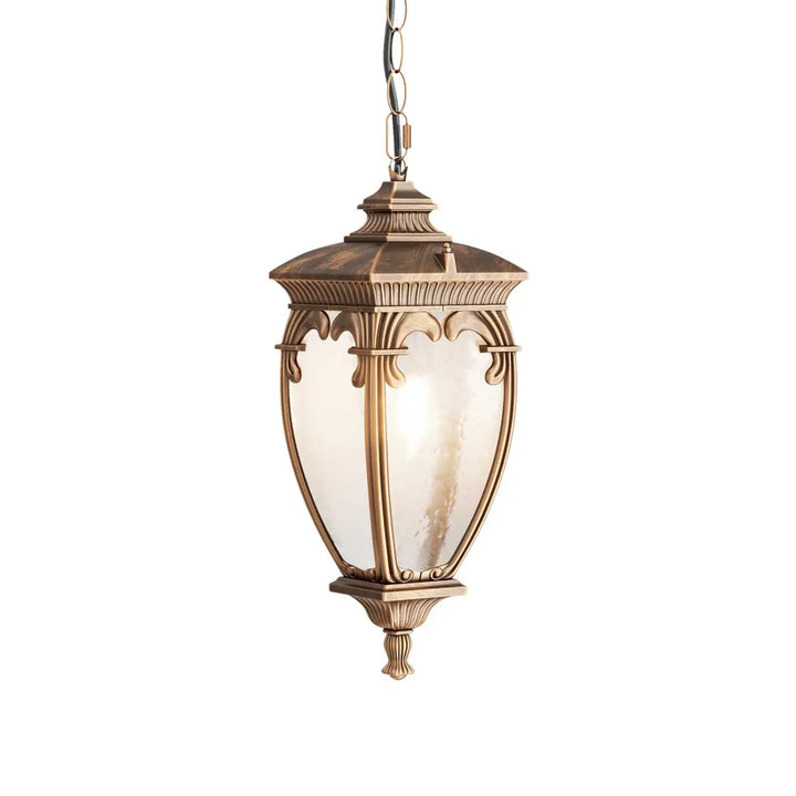 Lanterne italienne suspension extérieure fleur en laiton ancien avec verre givré texturé et détails baroques ornés