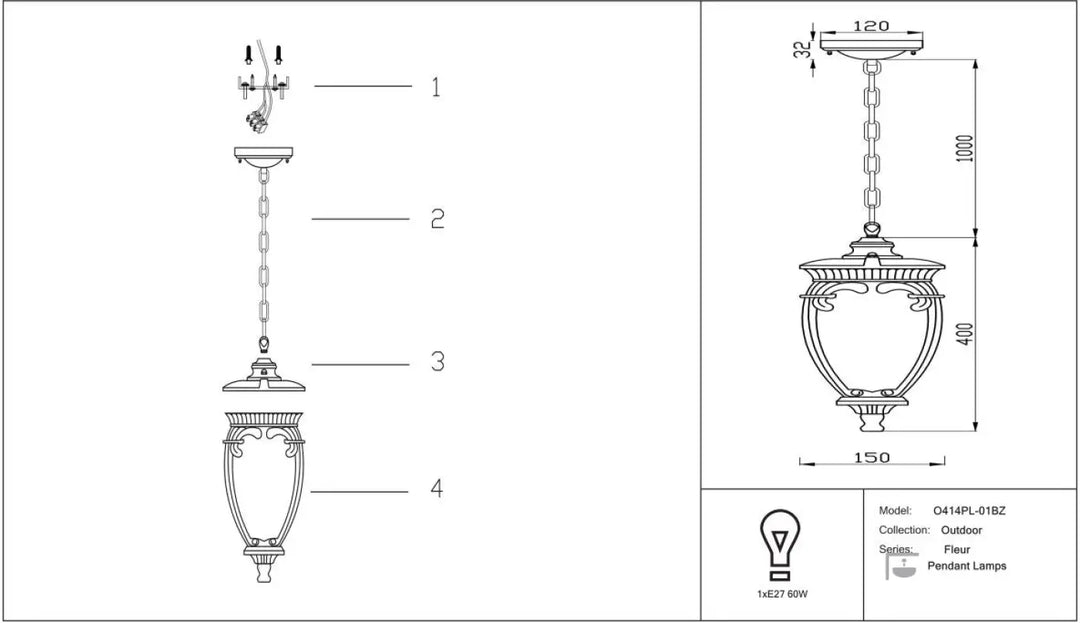 Suspension extérieure fleur avec lanterne baroque en verre urne orné et cadre métallique pour usage extérieur