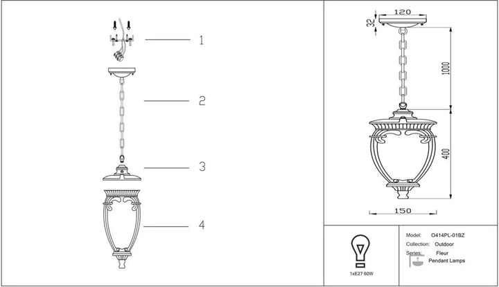 Suspension extérieure fleur avec lanterne baroque en verre urne orné et cadre métallique pour usage extérieur