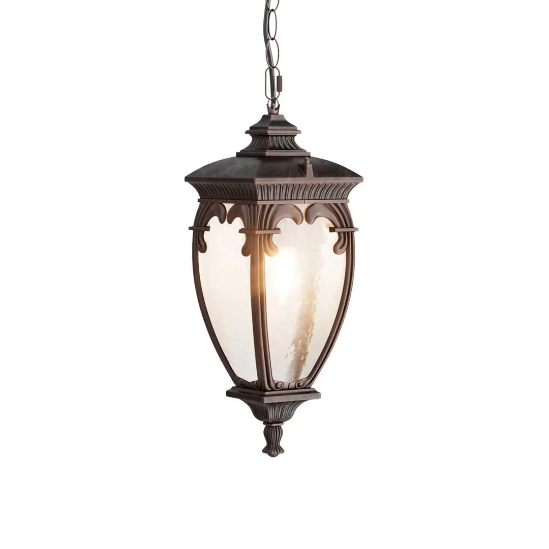 Suspension luminaire fleur lanterne baroque en bronze avec panneau en verre givré texturé pour suspension extérieure