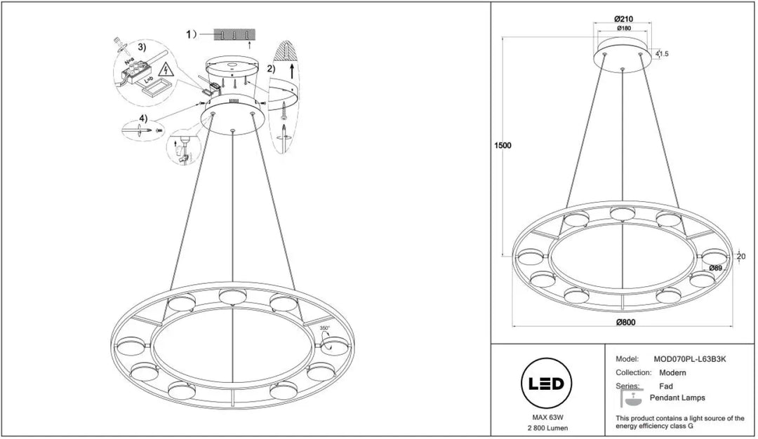 Suspension fad anneau en métal noir avec 12 spots articulés encastrés finition métallique moderne