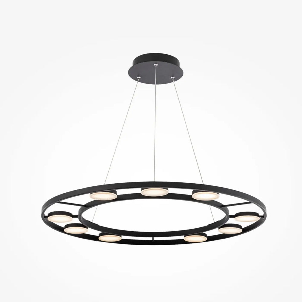 Suspension fad métal noir avec deux anneaux concentriques et dix spots articulés à leds ton chaud