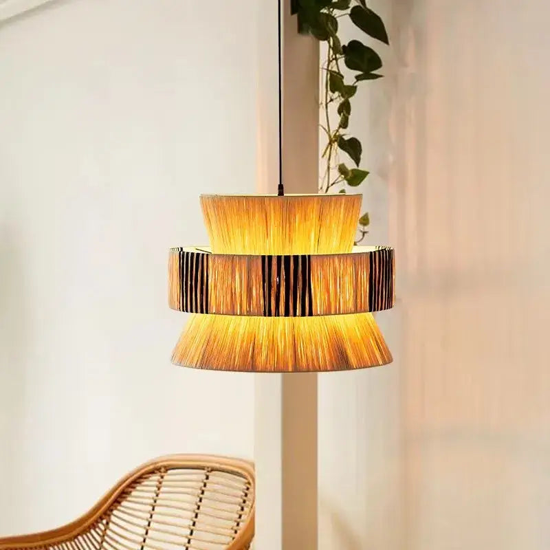 Japanese Homestay Vintage Pendant Light Living Room Handmade Woven Straw Art Rattan Chandelier Dining Room Bedroom