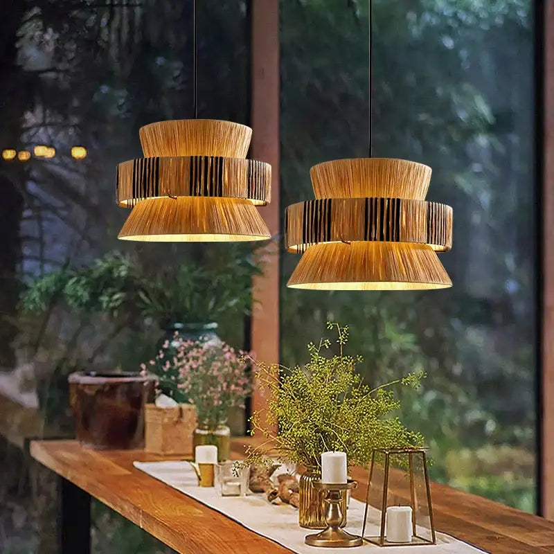 Japanese Homestay Vintage Pendant Light Living Room Handmade Woven Straw Art Rattan Chandelier Dining Room Bedroom