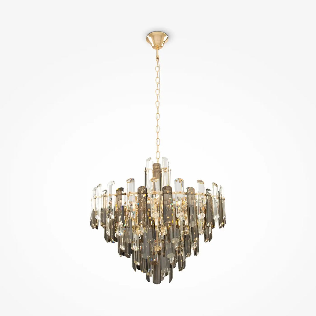 Suspension flare dorée élégante avec verres fumés en tubes clairs et fumés en cascade suspendue par chaîne