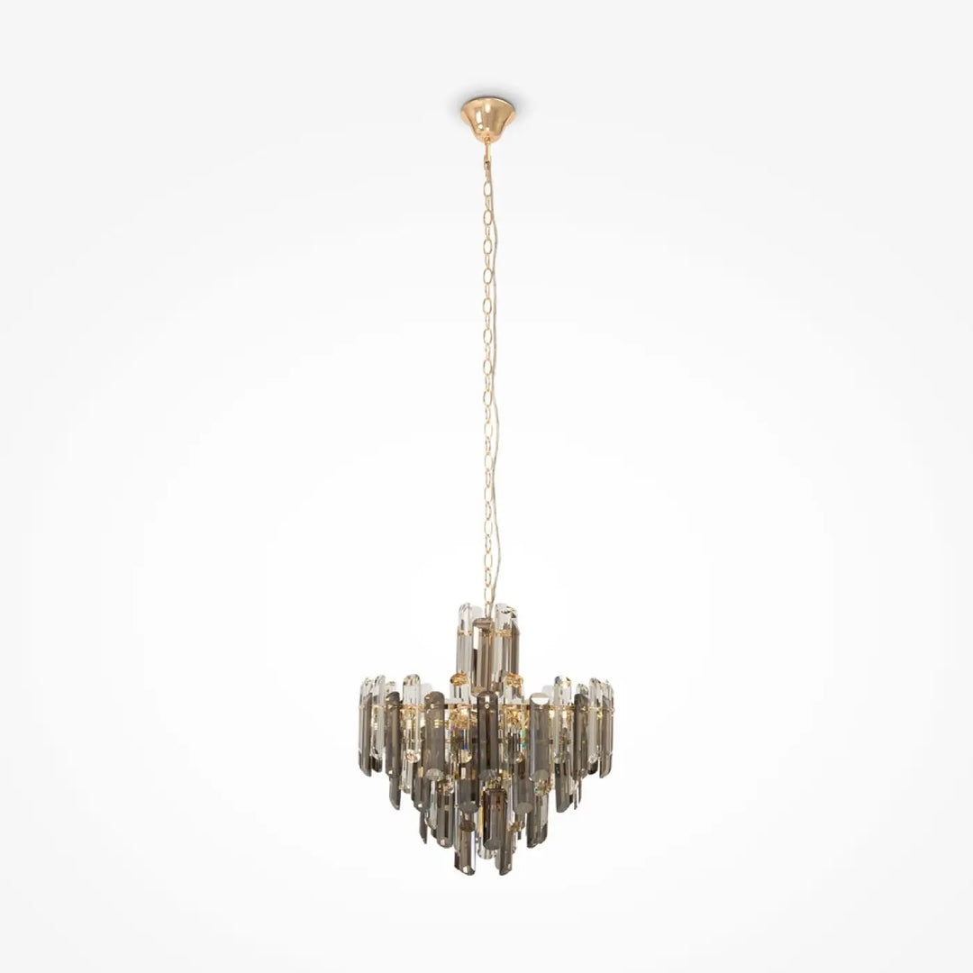 Suspension flare avec structure dorée et verres fumés en prismes étagés pour un éclairage moderne et élégant