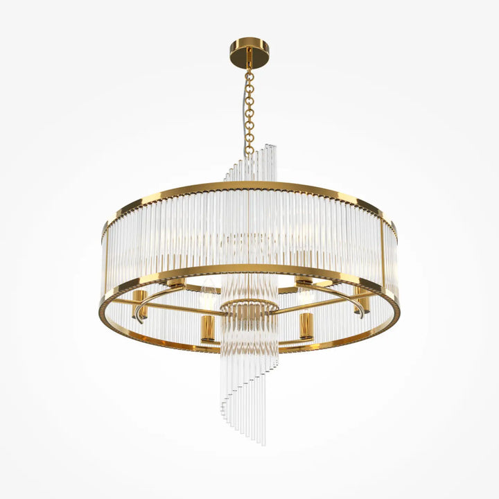Suspension frame élégant métal doré avec cadres géométriques en verre clair en tiers circulaires et spirale cascades