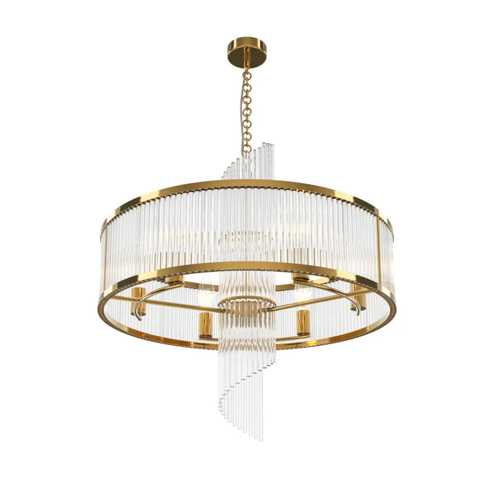 Chandelier suspension frame en métal doré avec cadres géométriques et tubes en verre clair en spirale cascade