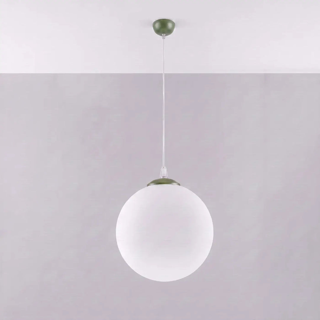 Suspension Ugo à globe en verre blanc et monture vert olive, éteinte
