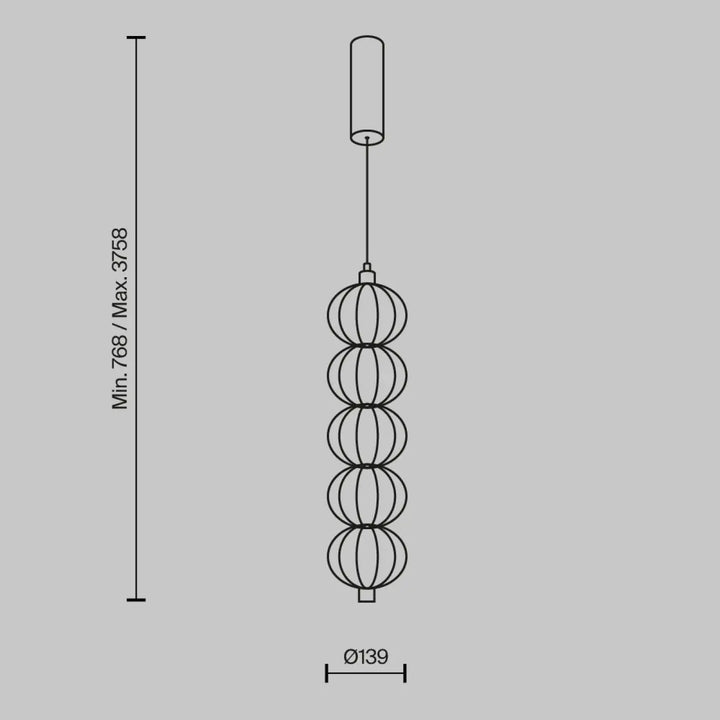 Luminaire suspension golden cage tube vertical avec cinq sphères empilées et lignes concentriques dorées minimalistes