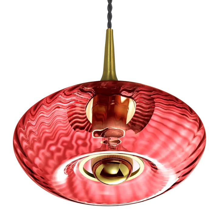 Suspension grace en verre soufflé rouge vif avec motif tourbillonnant et accents métal doré modèle grace