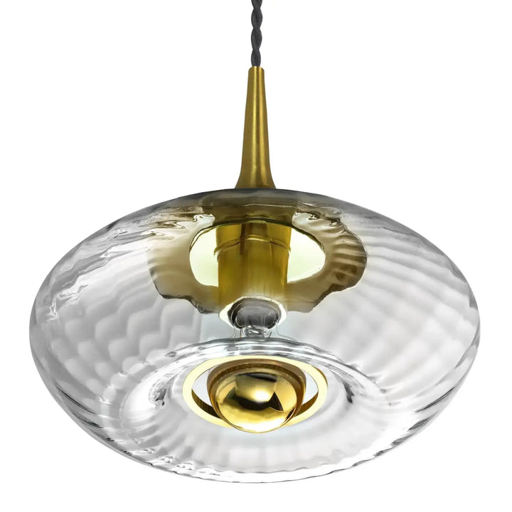 Suspension grace en verre soufflé avec abat-jour texturé clair et accents métalliques dorés modèle grace