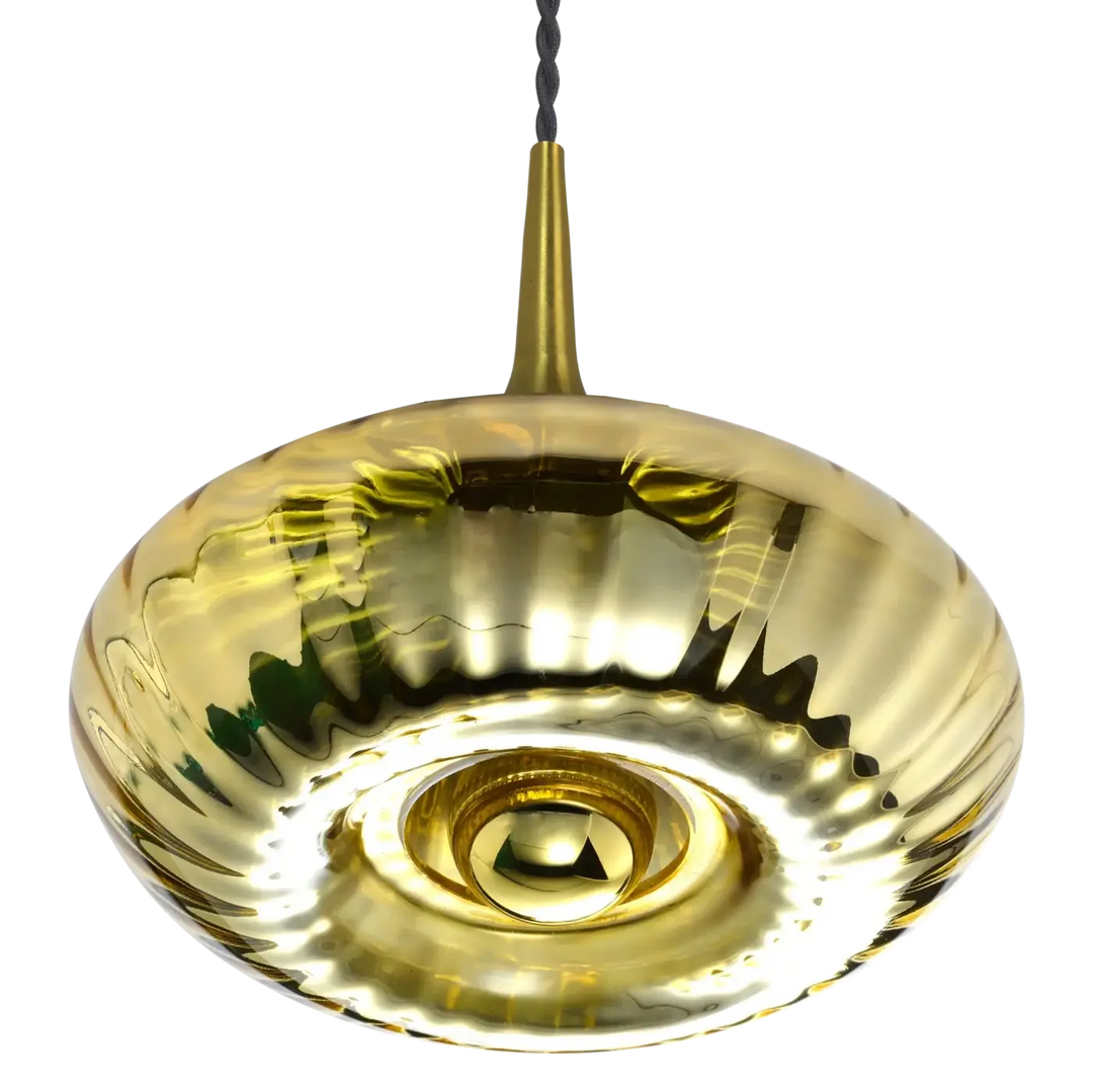 Suspension luminaire grace en verre soufflé doré avec design moderne et cordon torsadé modèle grace
