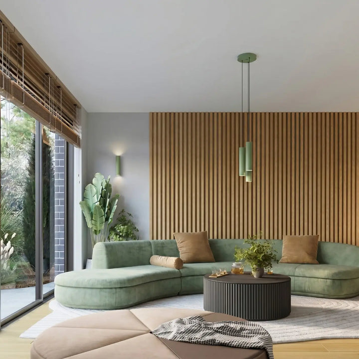 Suspension Karbon sauge en grappe de 3 cylindres nervurés dans un intérieur contemporain