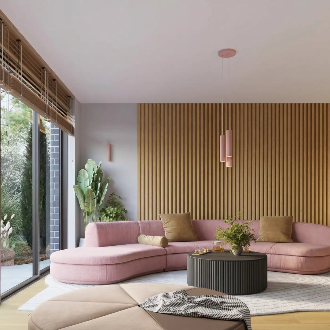 Suspension Karbon rose en grappe de 3 cylindres nervurés dans un intérieur contemporain