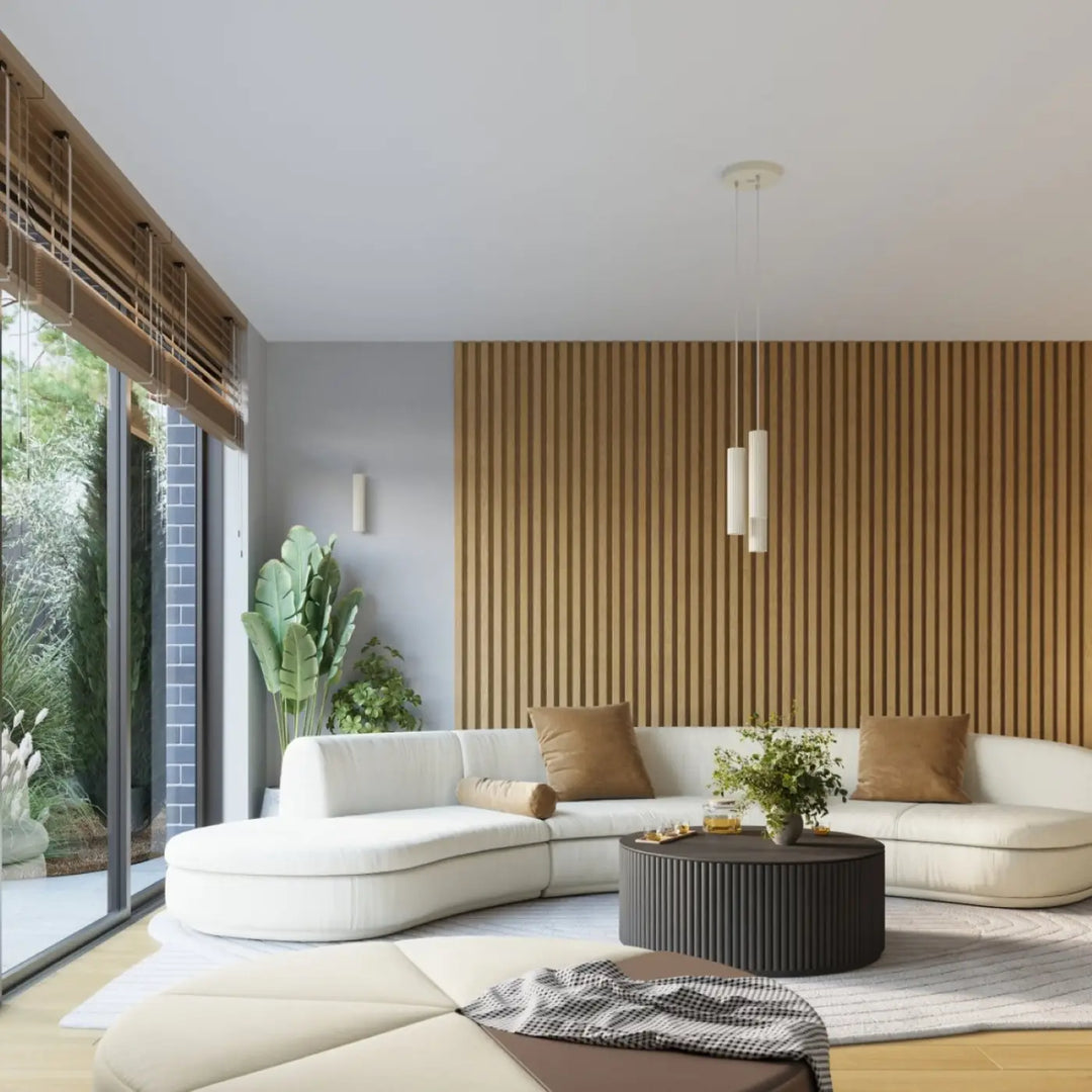 Suspension Karbon beige en grappe de 3 cylindres nervurés dans un intérieur contemporain