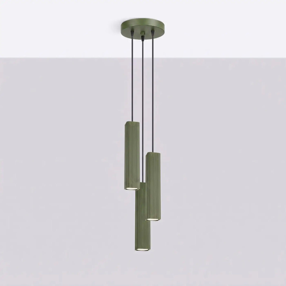 Suspension Rayo vert olive en grappe à 3 tubes cannelés, éteinte