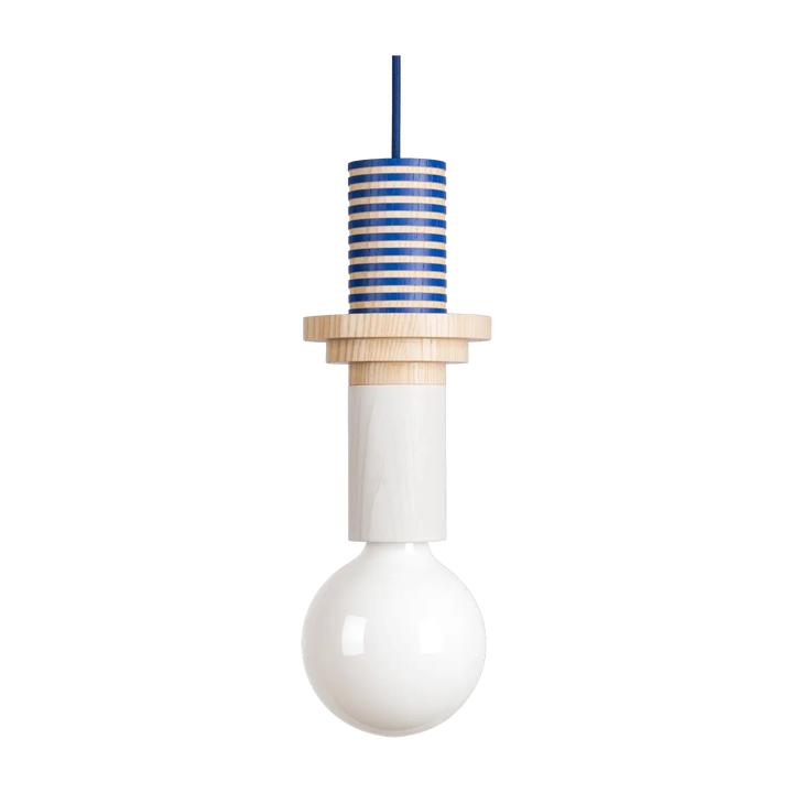 Suspension Junit Column en frêne tourné aux tons bleu profond, bois naturel et blanc cassé