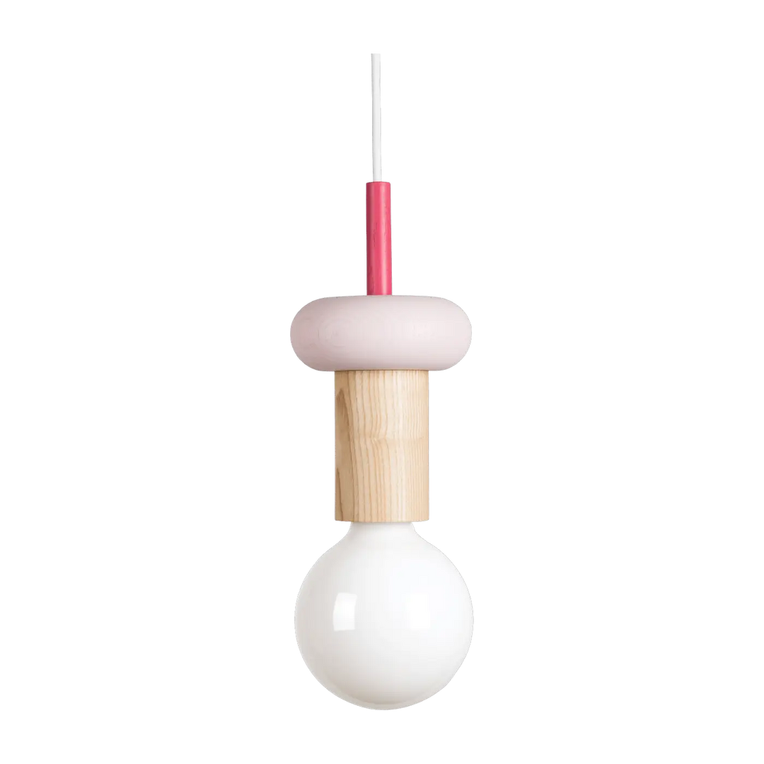 Suspension Junit Drop en frêne tourné aux tons rose pâle, bois naturel et rose vif