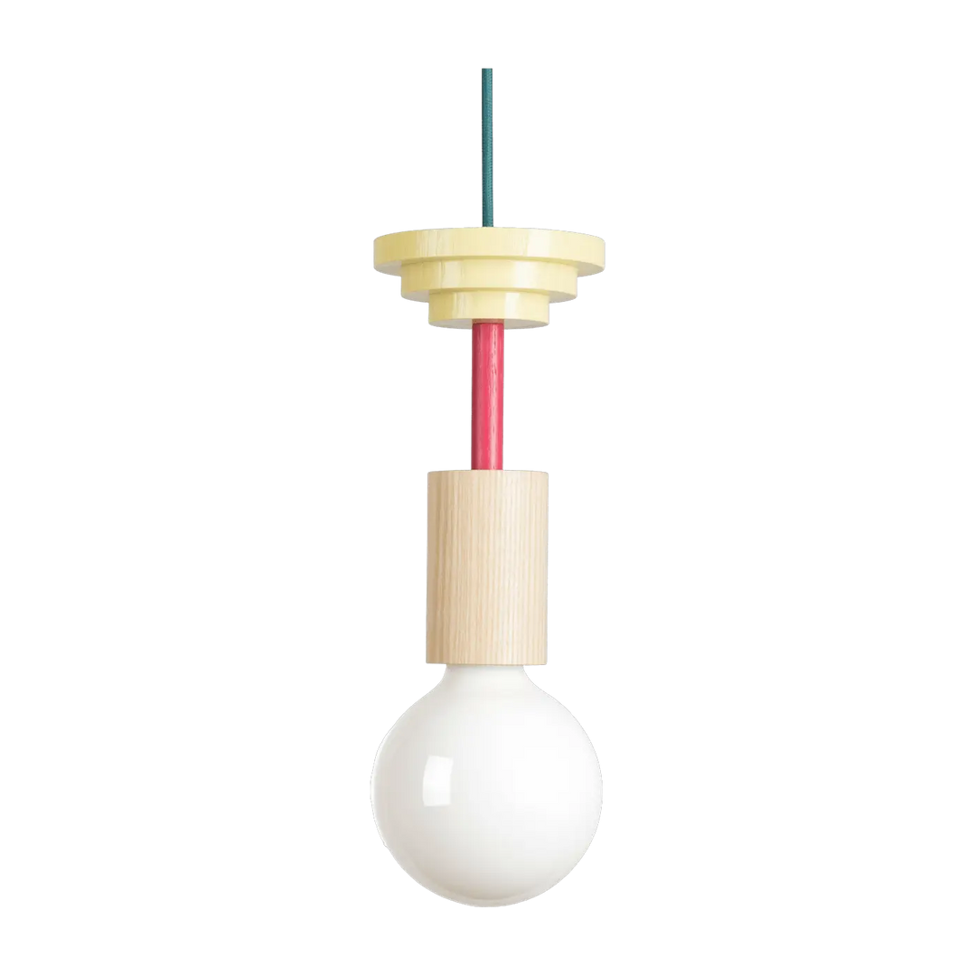Suspension Junit Mentis en frêne tourné aux tons jaune, magenta et bois naturel