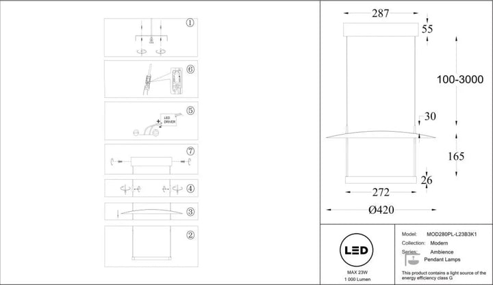 Suspension led ambivalence avec lumière réfléchie, design rectangulaire moderne, idéale pour salle à manger, 287mm par 55mm