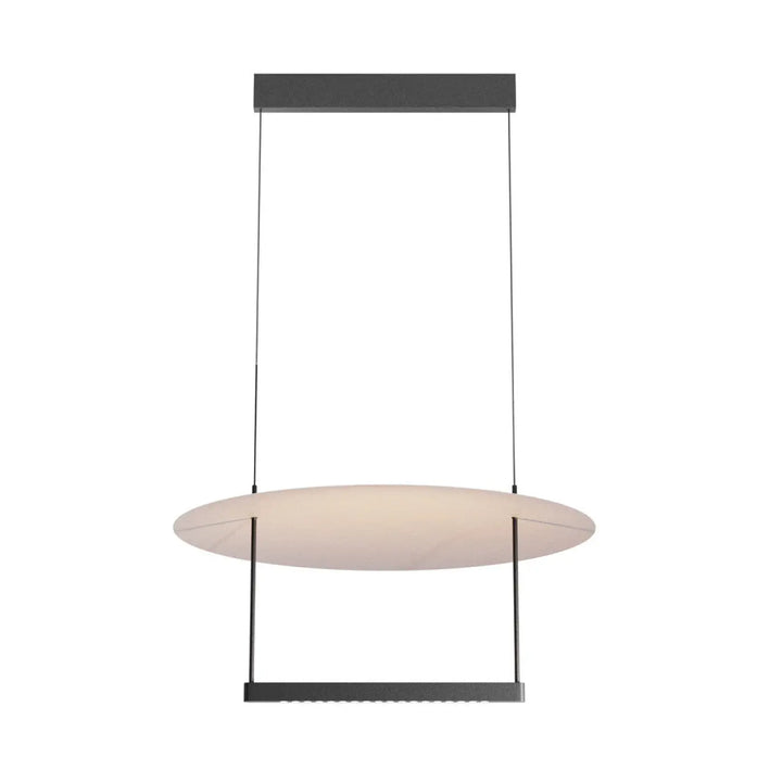 Suspension led luminaire ambience avec diffuseur circulaire en verre dépoli entre barres noires mat pour salle à manger