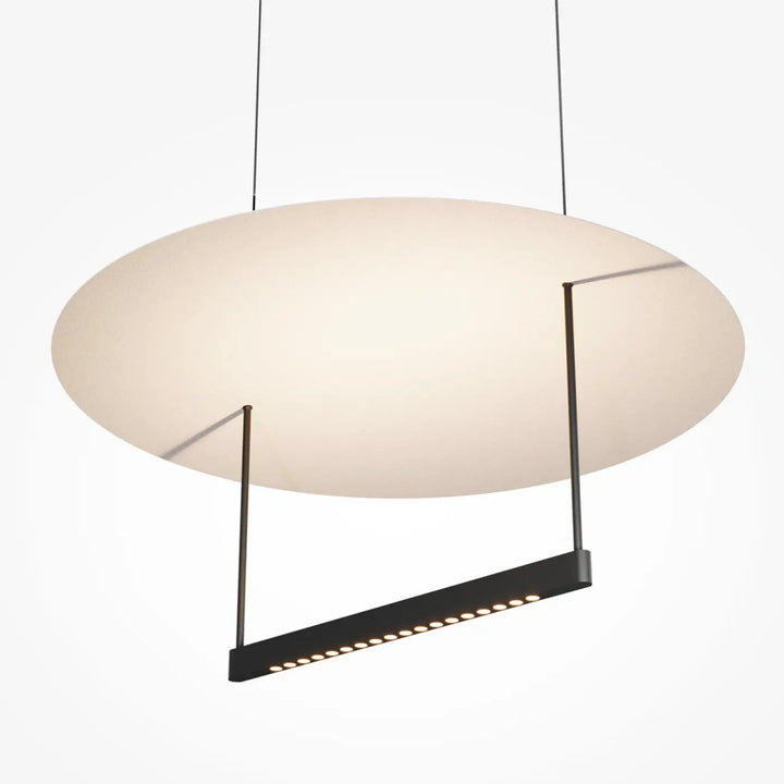 Suspension led ambivalence avec diffuseur blanc givré et cadre métallique noir idéale pour salle à manger lumière réfléchie