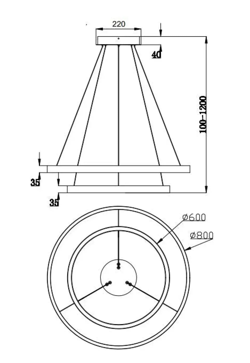Dessin technique d un luminaire suspension led rim conique avec annotations dimensionnelles précises et détails de section circulaire