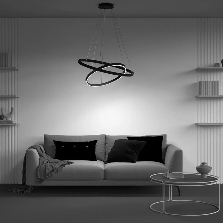 Chandelier led double anneaux noir suspension rim au design moderne et élégant pour éclairage intérieur