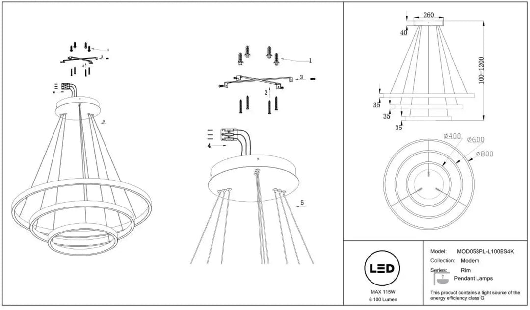 Suspension led rim trois anneaux avec design moderne en cercles métalliques superposés pour éclairage intérieur