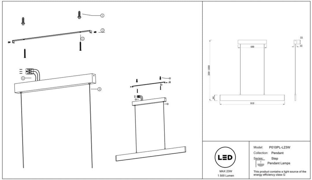 Suspension led linéaire step avec led et structure métallique minimaliste pour éclairage d’une table moderne