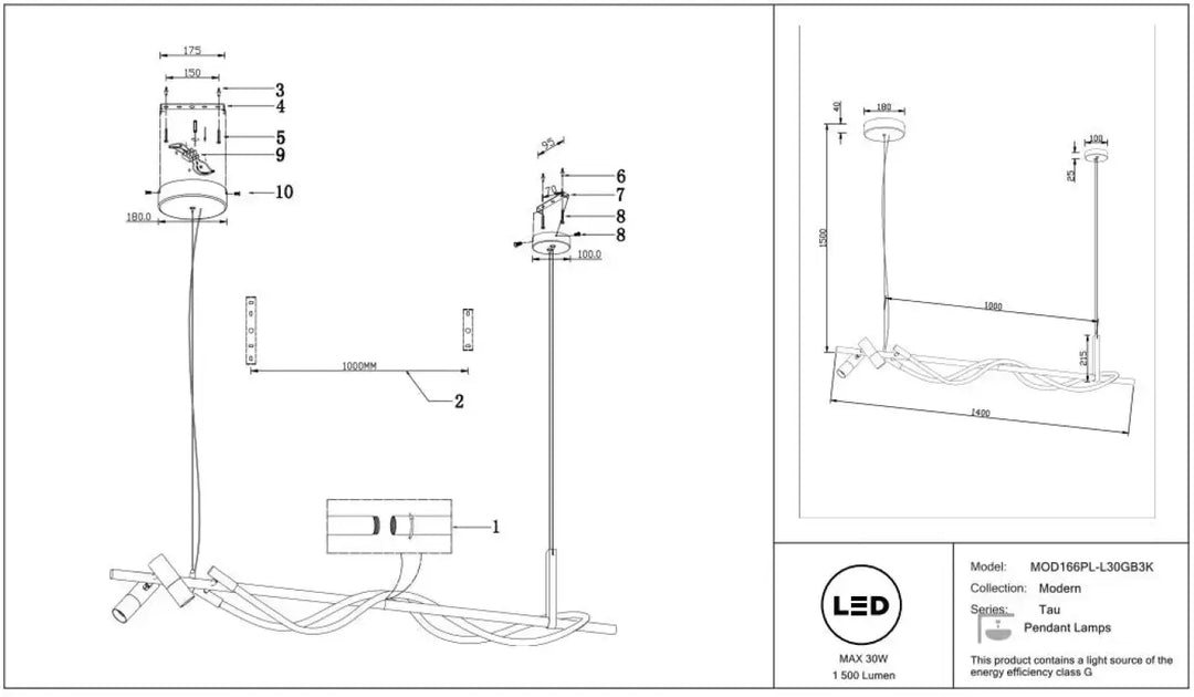Suspension led tau acier noir au-dessus d’une table avec éclairage led modèle mod168pl-30gb3k moderne