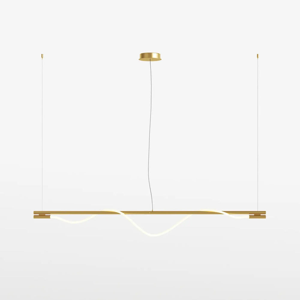 Suspension led tau ruban souple art déco en métal doré avec bande led intégrée diffusant une lumière blanche au-dessus d’une pièce