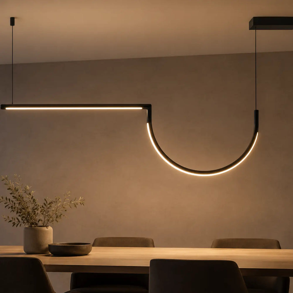 Suspension tubs modular noir en aluminium avec design led linéaire et courbé et mini rosace encastrée