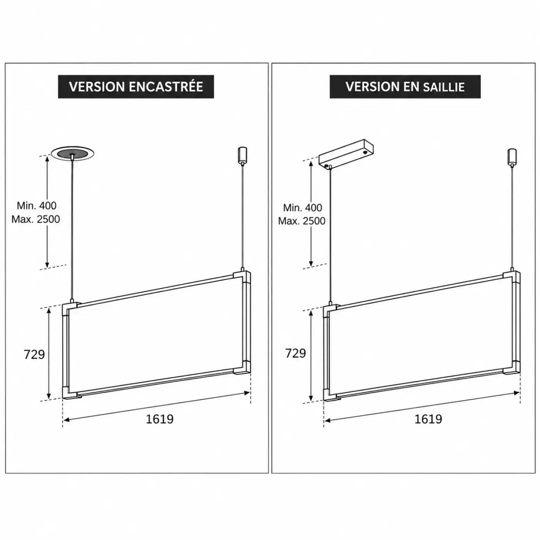 Suspension tubs modular rectangle vertical en aluminium noir avec cadre métallique moderne et mini rosace encastrée