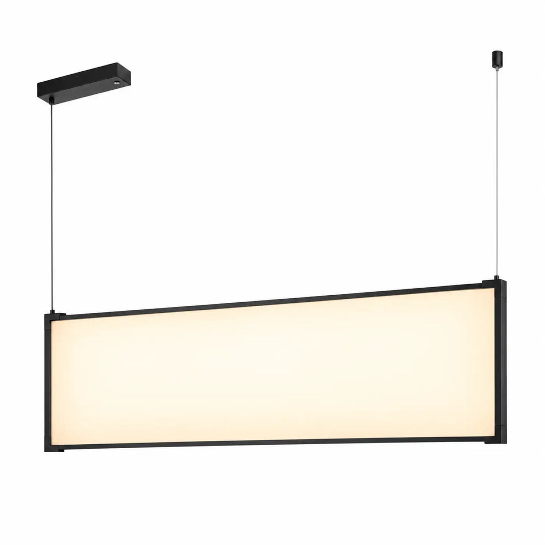 Suspension tubs modular rectangle vertical en aluminium noir avec mini rosace encastrée et lumière diffuse chaleureuse