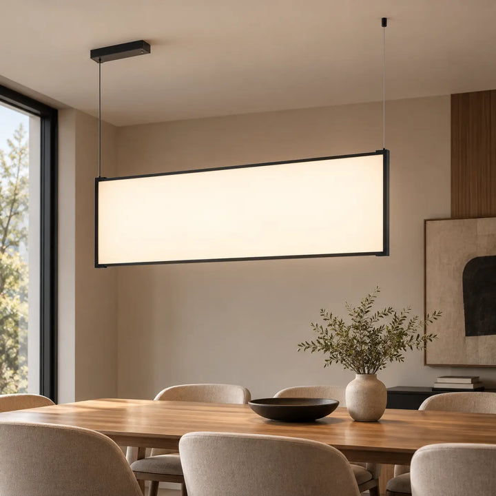 Suspension tubs modular rectangle vertical en aluminium noir avec mini rosace encastrée et lumière diffuse blanche