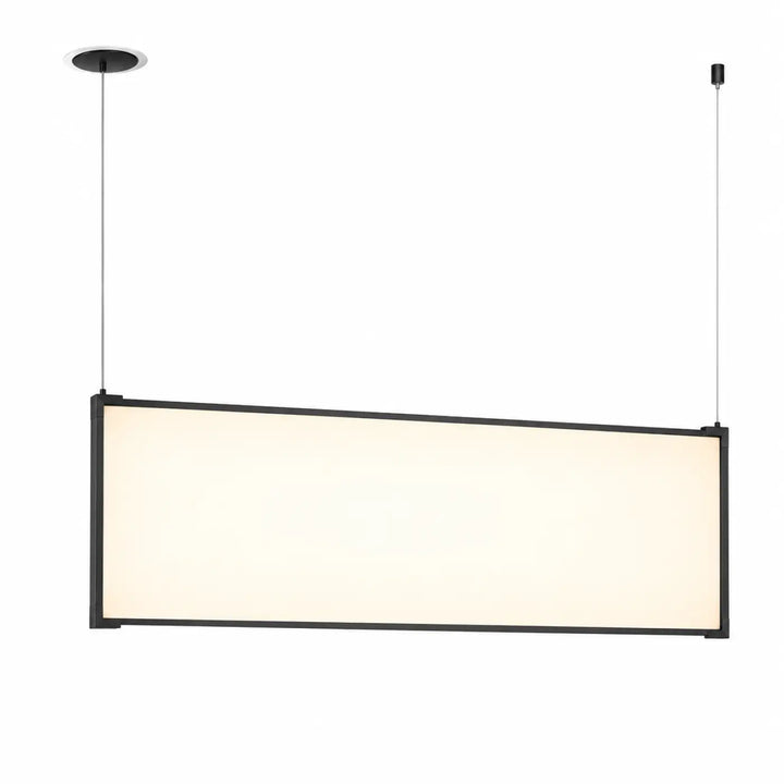 Suspension tubs modular rectangle verticale en aluminium noir avec mini rosace encastrée et lumière blanche diffuse