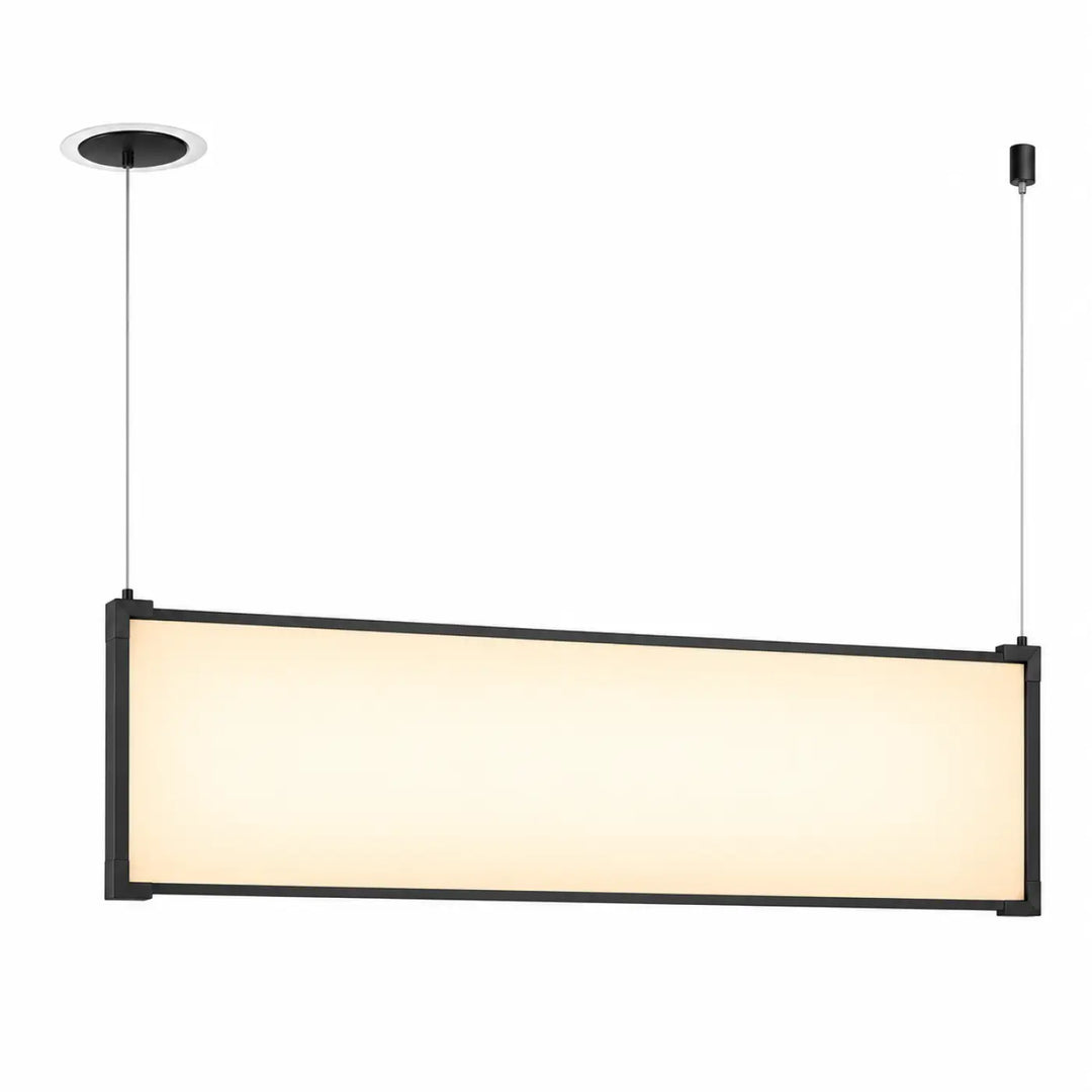 Suspension tubs modular rectangle vertical en aluminium noir avec mini rosace encastrée et lumière chaude diffusée