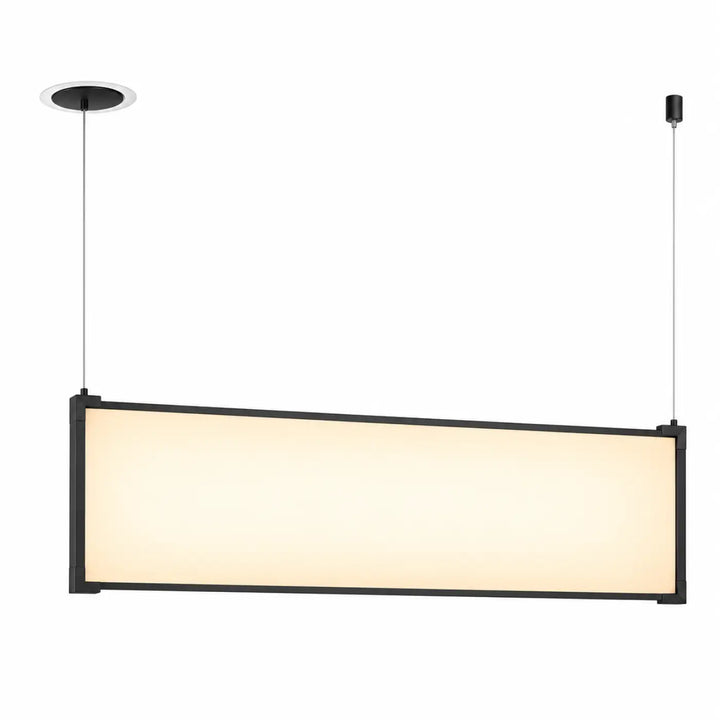 Suspension tubs modular rectangle vertical en aluminium noir avec mini rosace encastrée et lumière chaude diffusée