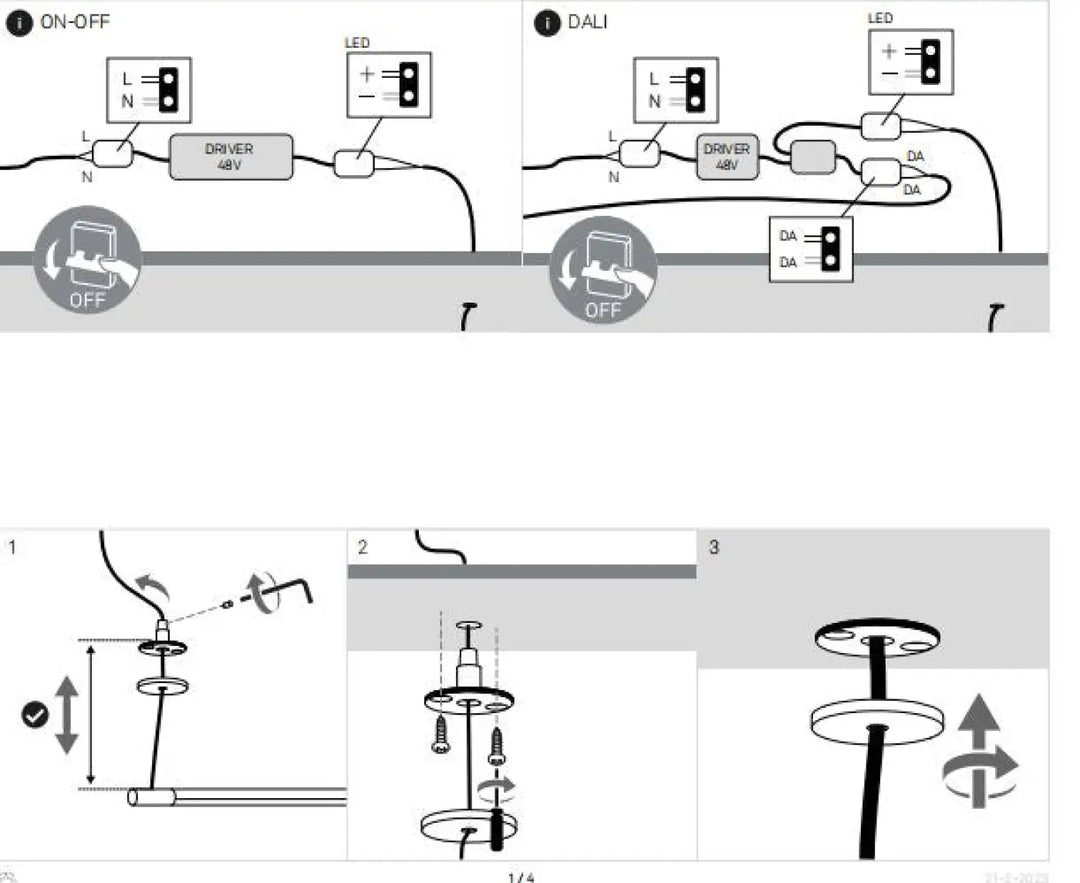 Schéma de câblage led on-off et dali pour suspension luminaire tubs modular trois arches croisées en aluminium noir