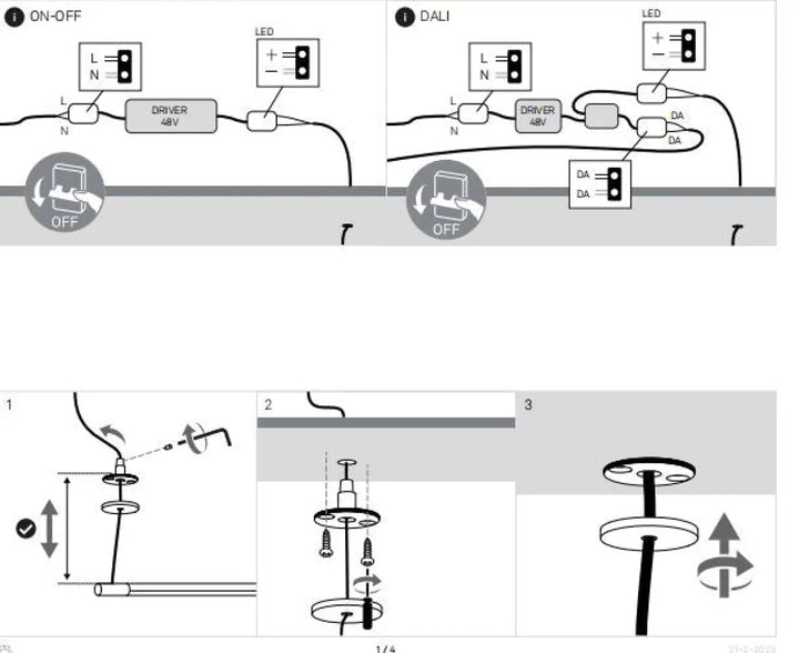 Schéma de câblage led on-off et dali pour suspension luminaire tubs modular trois arches croisées en aluminium noir