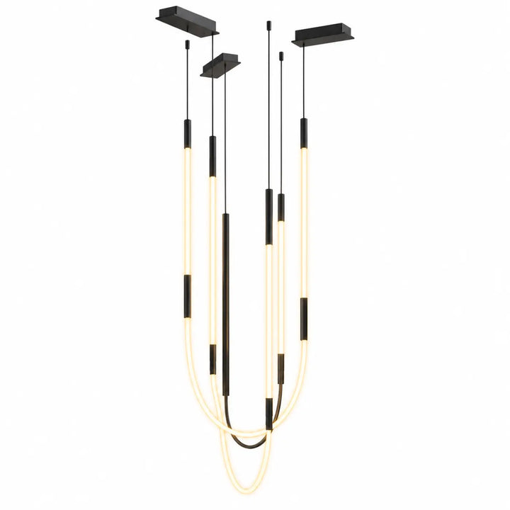 Suspension luminaire tubs modular en aluminium noir avec mini rosace encastrée et trois arches croisées noir et crème