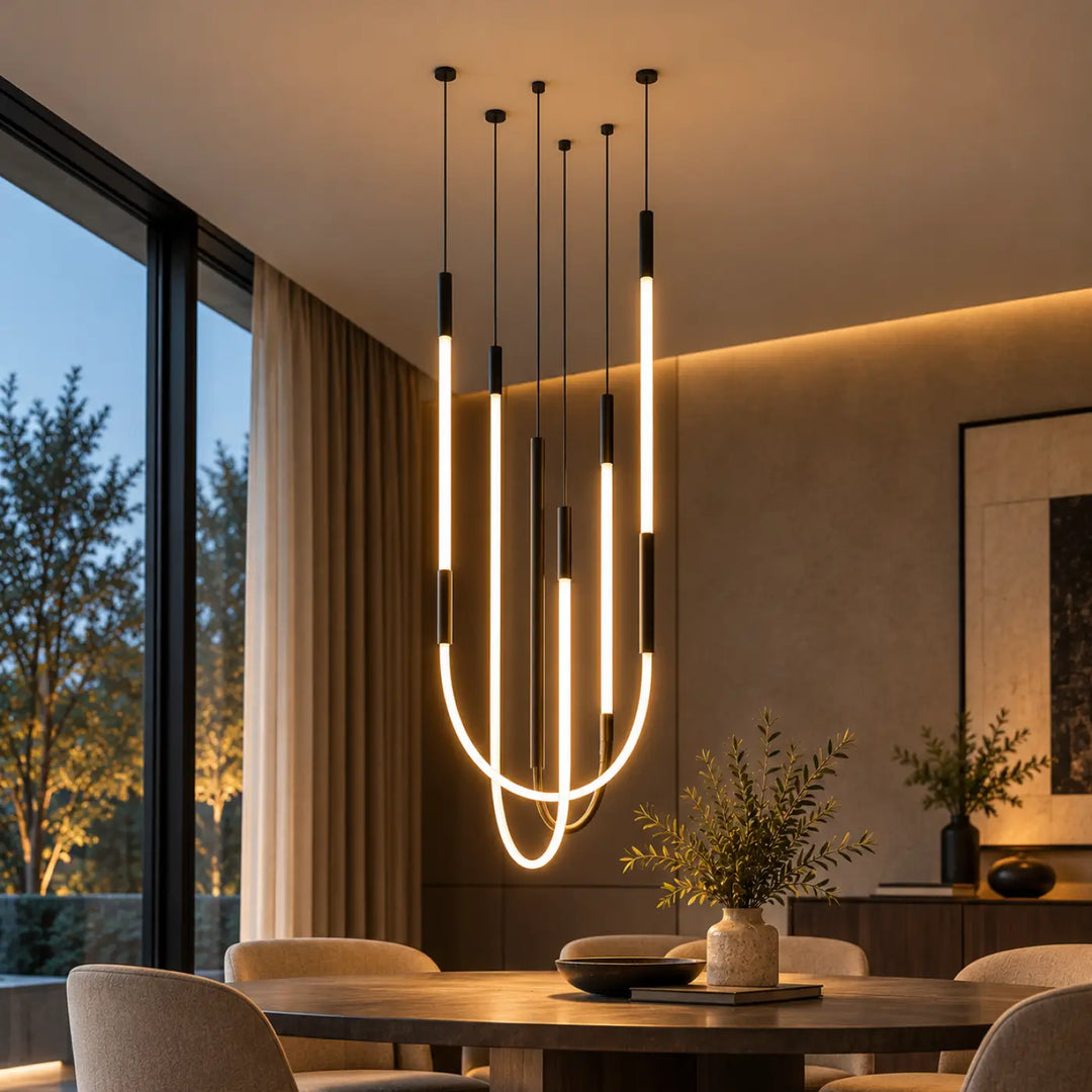 Suspension luminaire tubs modular avec trois arches croisées en aluminium noir et led à tubes courbés lumineux