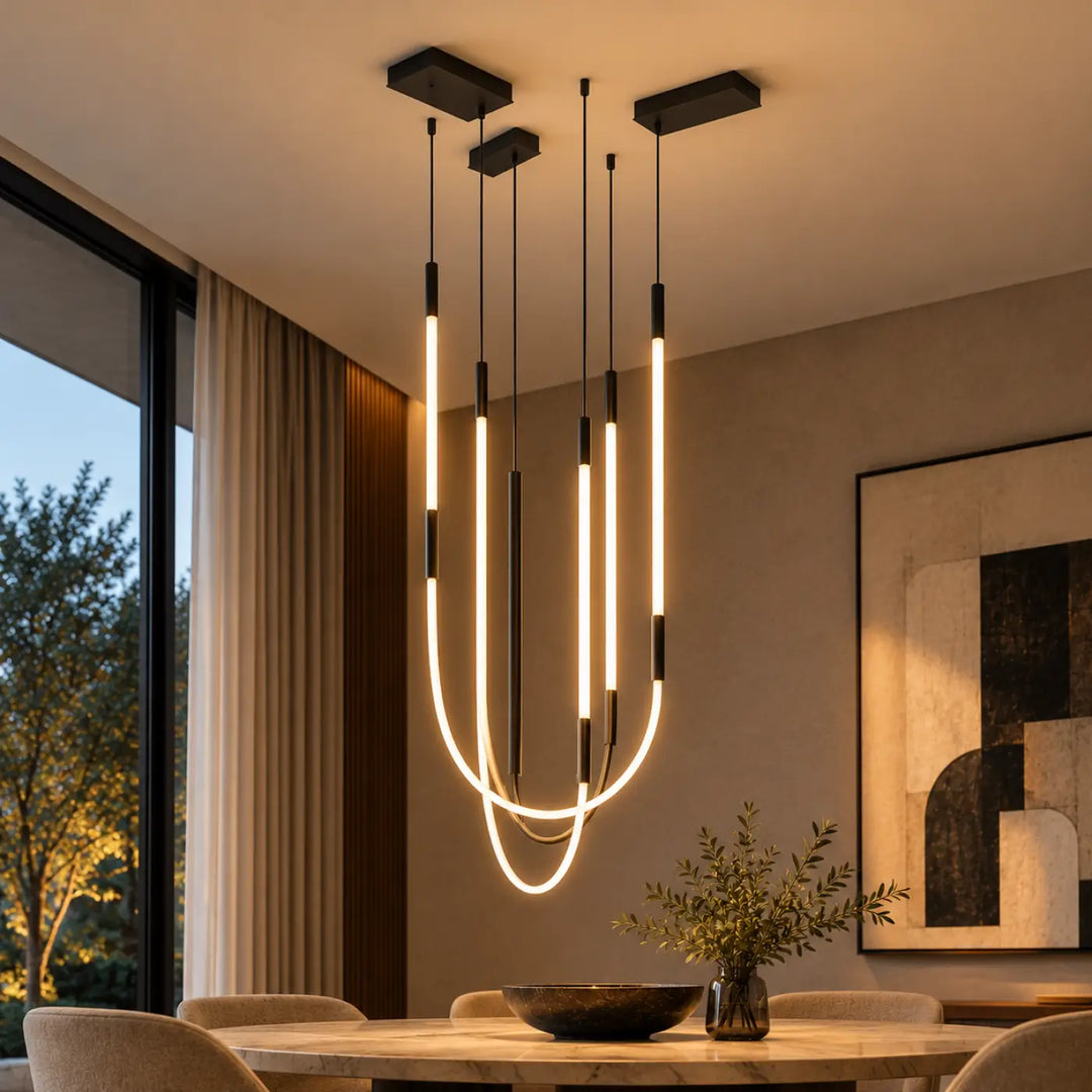 Suspension luminaire tubs modular en aluminium noir avec trois arches croisées et tubes led courbés suspendus par mini rosace encastrée